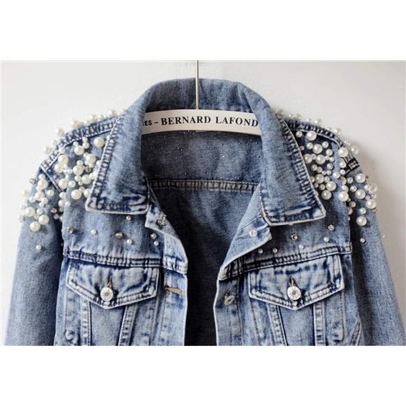 Women's Embroidered Rivet Pearl Short Denim Jacket Coat Blue - Picture 3 of 6